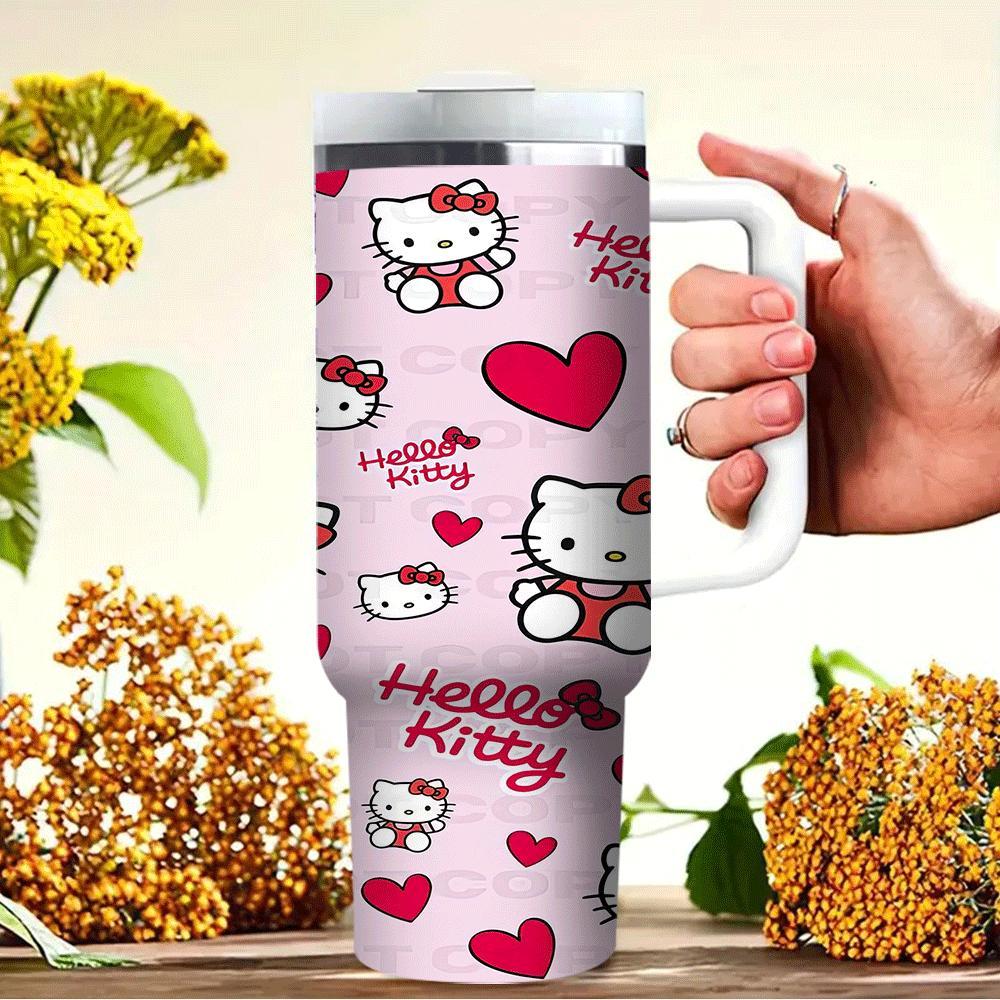 1pc Sanrio Hello Kitty 40oz Stainless Steel Insulated Water Bottle with Handle and Straw, Portable Drinkware for Car, Home, Office, Travel - Summer Beverage Cup, Birthday Gift Idea