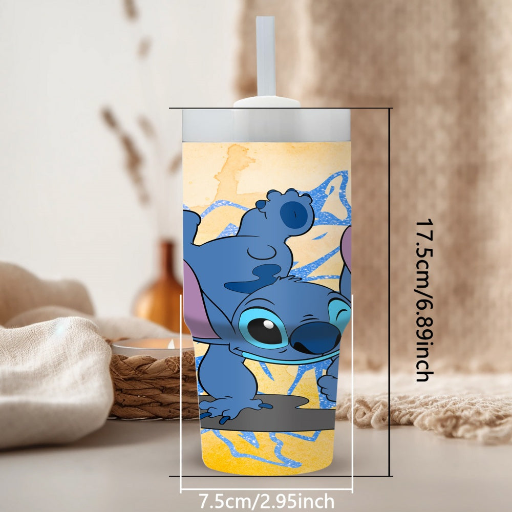 Disney Stitch Cartoon Character Round Stainless Steel Tumbler with Straw, 14oz Insulated Travel Mug, BPS Free, Hand Wash Only, Ideal for Car, Home, Daily Use, Gift for Family and Friends - Ramadan Celebration