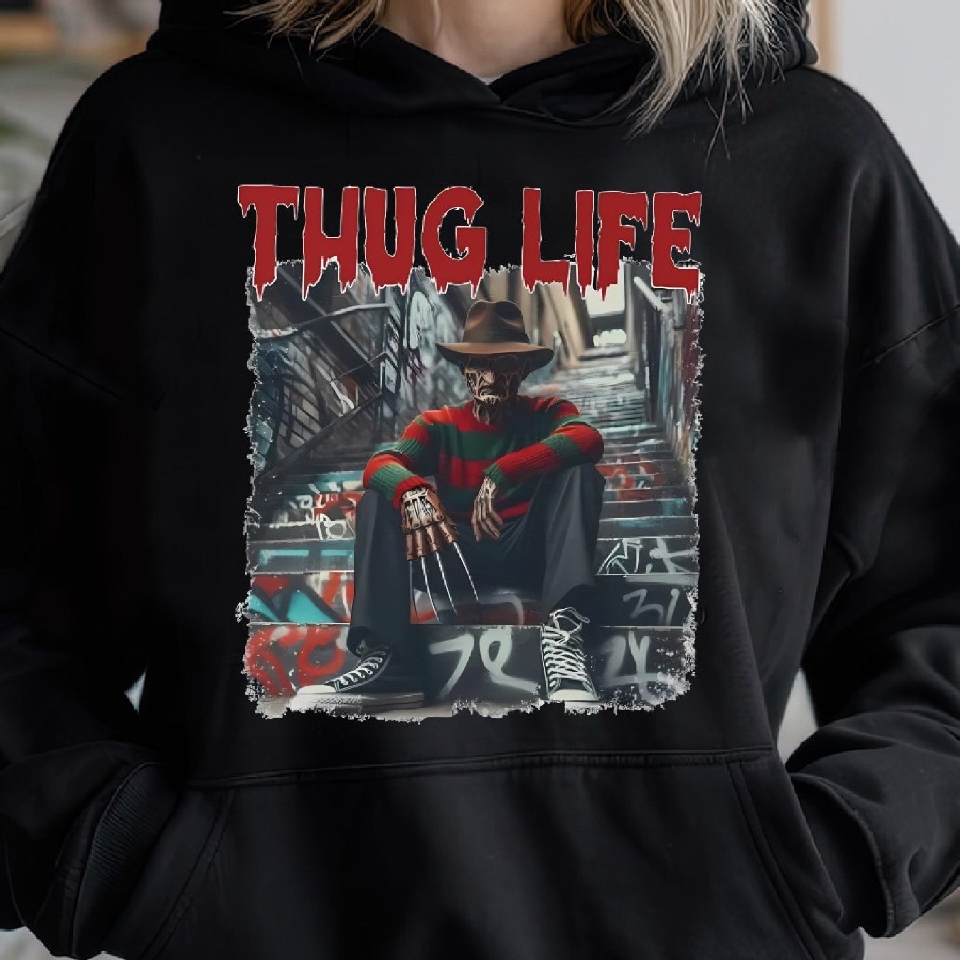 Fred..dy Krug..er Thug Life, Thug Life Halloween, Nightmare on E..lm Street Cozy Classic Print Pullover Hoodie, Casual Long Sleeve Hoodie For Sprots