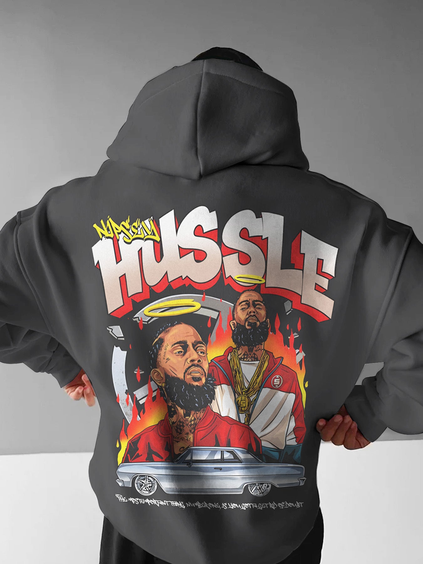 1pc Hussle BLK Graphic Hoodie for Men and Women - Cotton Blend Street Style Pullover with Drawstring, Long Sleeve, Kangaroo Pocket - Digital Heat Transfer Portrait Design, Regular Fit Hooded Sweatshirt for Casual Daily Wear