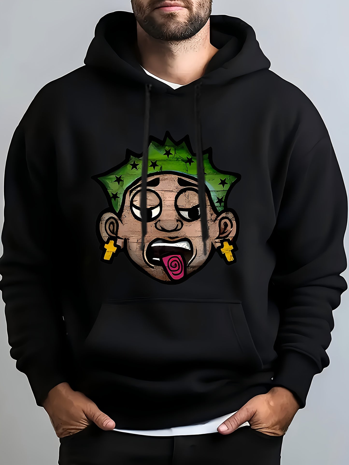 Men's Hip Hop Graphic Hoodie - Cozy Fleece-Lined Pullover with Kangaroo Pocket, Casual Streetwear for Fall & Winter, Black