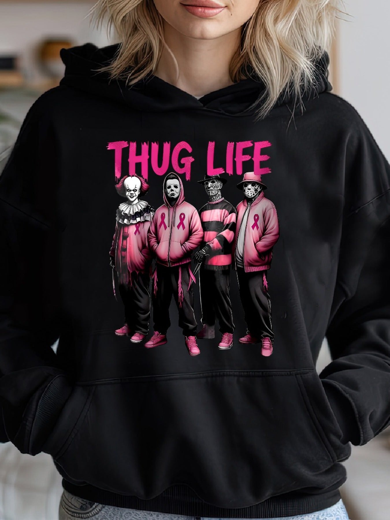 Thug Life Horror Movie Breast Cancer Awareness, Thug Life Cancer Warrior Gang Cozy Classic Print Pullover Hoodie, Casual Long Sleeve Hoodie For Sprots