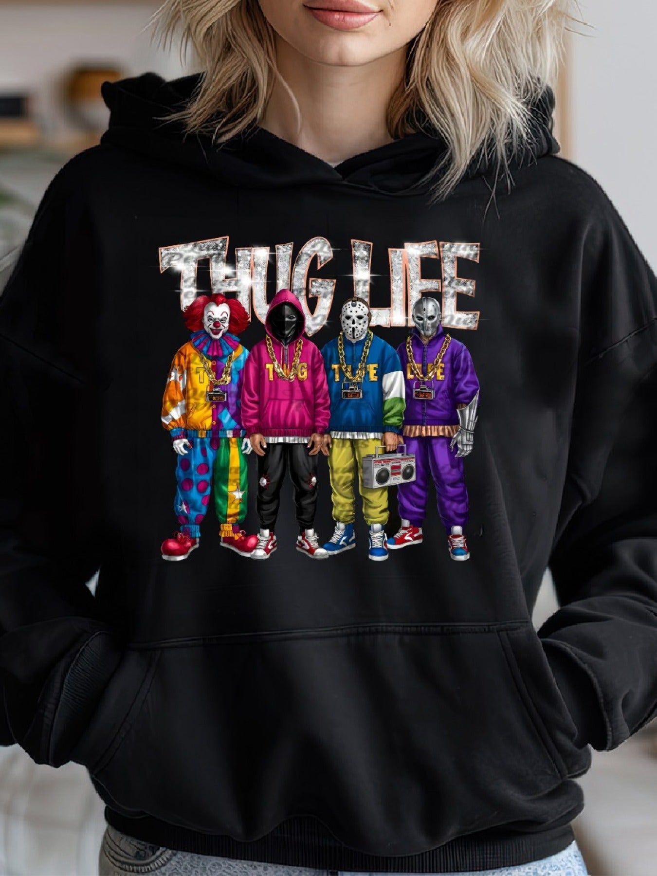 Thug Life Horrors Hip Hop, Thug Life Halloween Cozy Classic Print Pullover Hoodie, Casual Long Sleeve Hoodie For Sprots