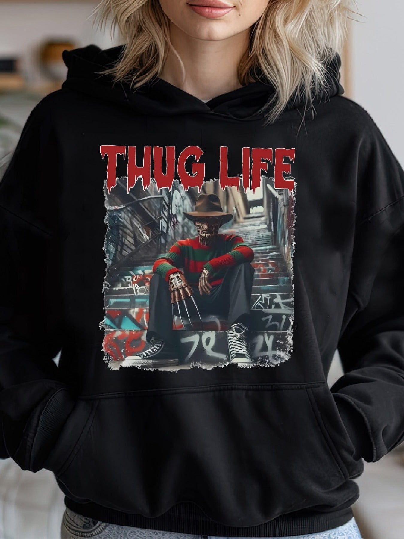 Fred..dy Krug..er Thug Life, Thug Life Halloween, Nightmare on E..lm Street Cozy Classic Print Pullover Hoodie, Casual Long Sleeve Hoodie For Sprots