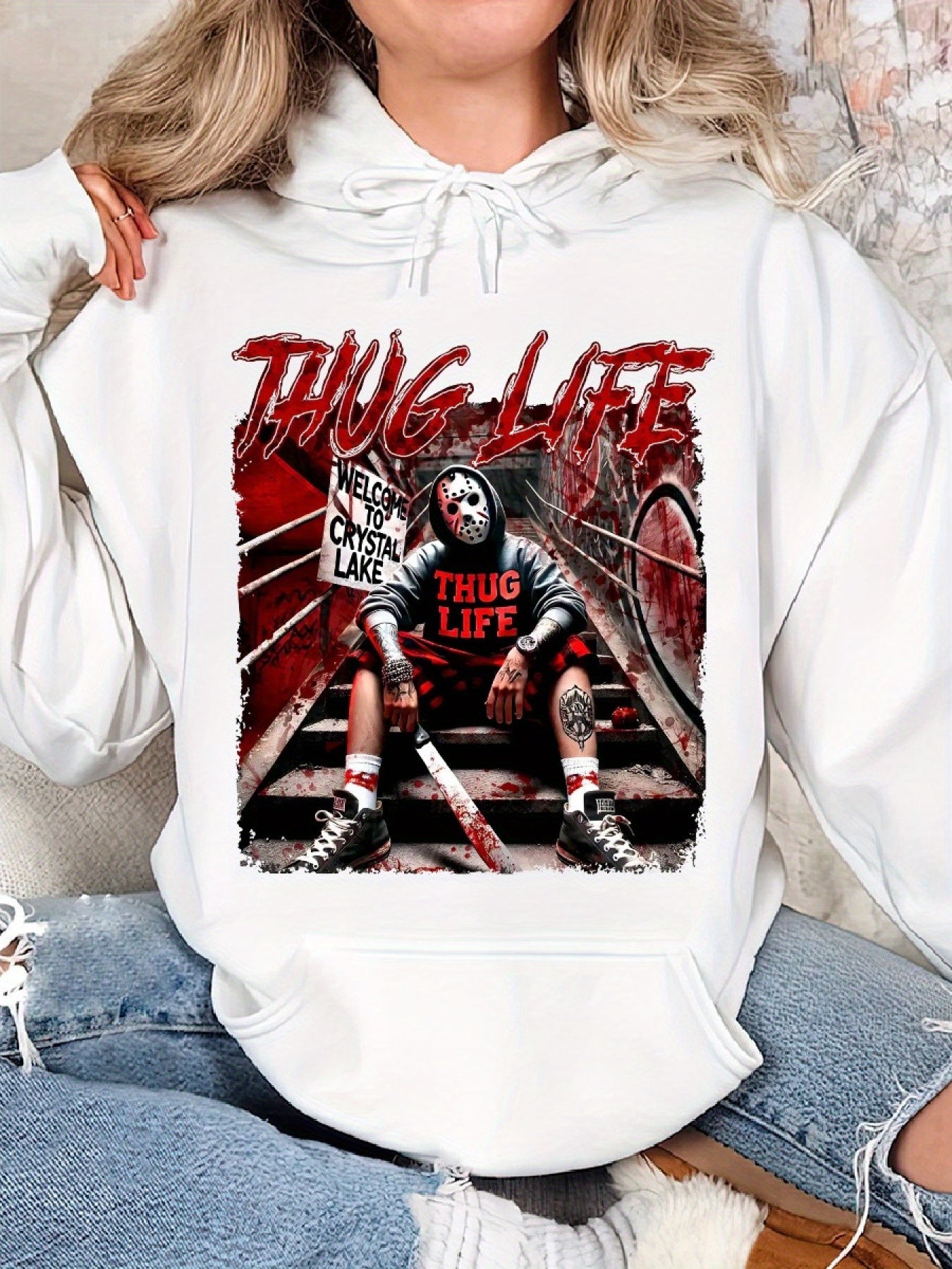 Thug Life Horrors Hip Hop, Thug Life Hallowee Cozy Classic Print Pullover Hoodie, Casual Long Sleeve Hoodie For Sprots