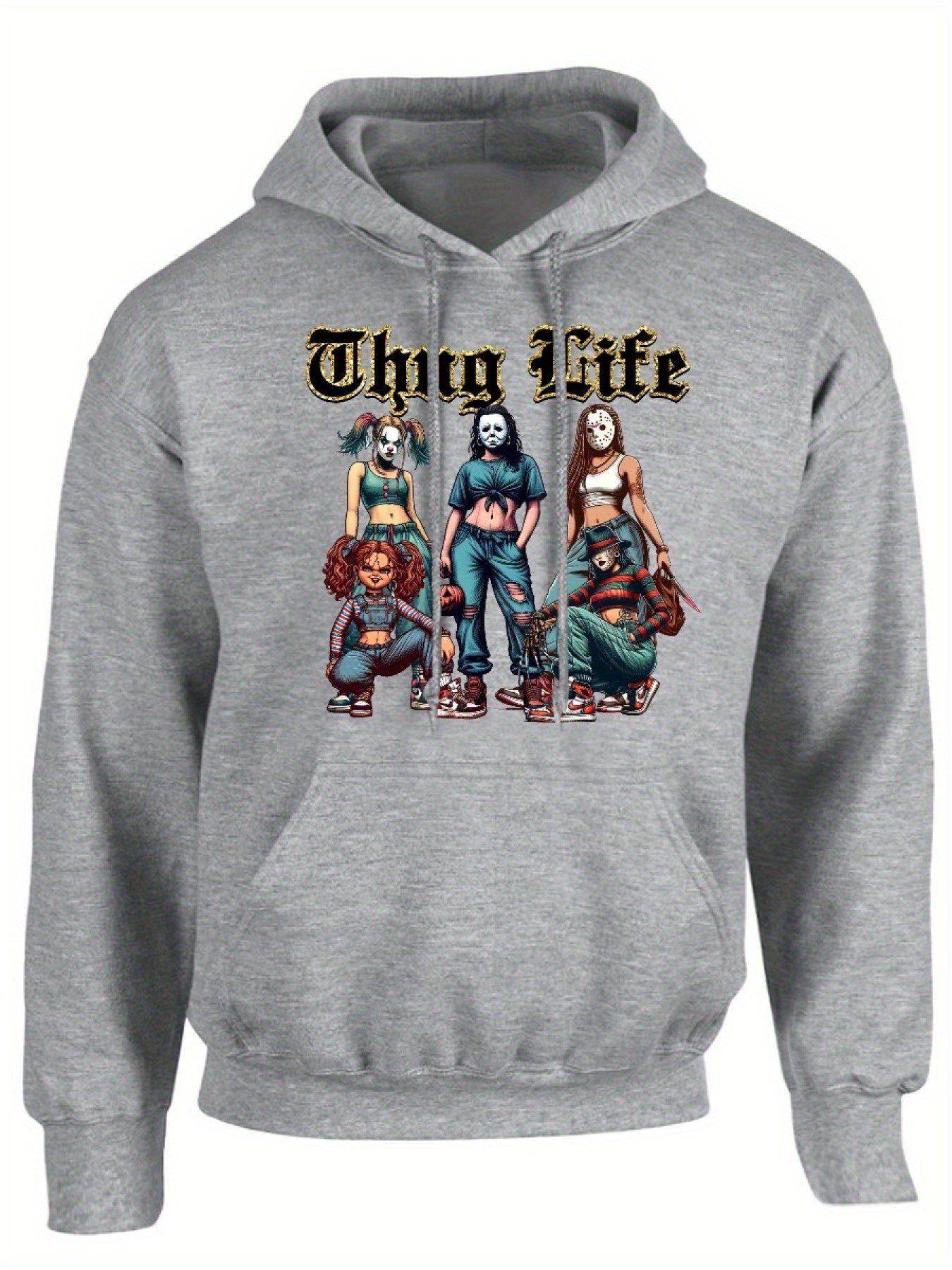 Thug Life Of Horror Girl T, Street Style Design Cozy Classic Print Pullover Hoodie, Casual Long Sleeve Crew Neck Hoodie