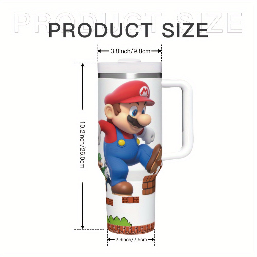 Super Mario 40oz Stainless Steel Tumbler with Handle - Leakproof, Reusable & Durable - Perfect for Hot & Cold Drinks - Ideal Gift for Family & Friends - Includes Straw & Lid - Great for Outdoor Camping, Driving & Travel