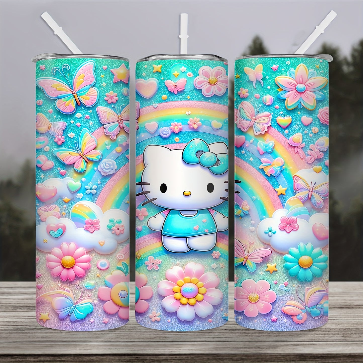Hello Kitty 20oz Insulated Stainless Steel Tumbler with Straw - Cute Cartoon Cat, Floral & Rainbow Designs - Rust-Proof, Detachable Lid - Perfect for Relaxation, Reading, Dining - Ideal Christmas Gift, Hello Kitty Room Decor
