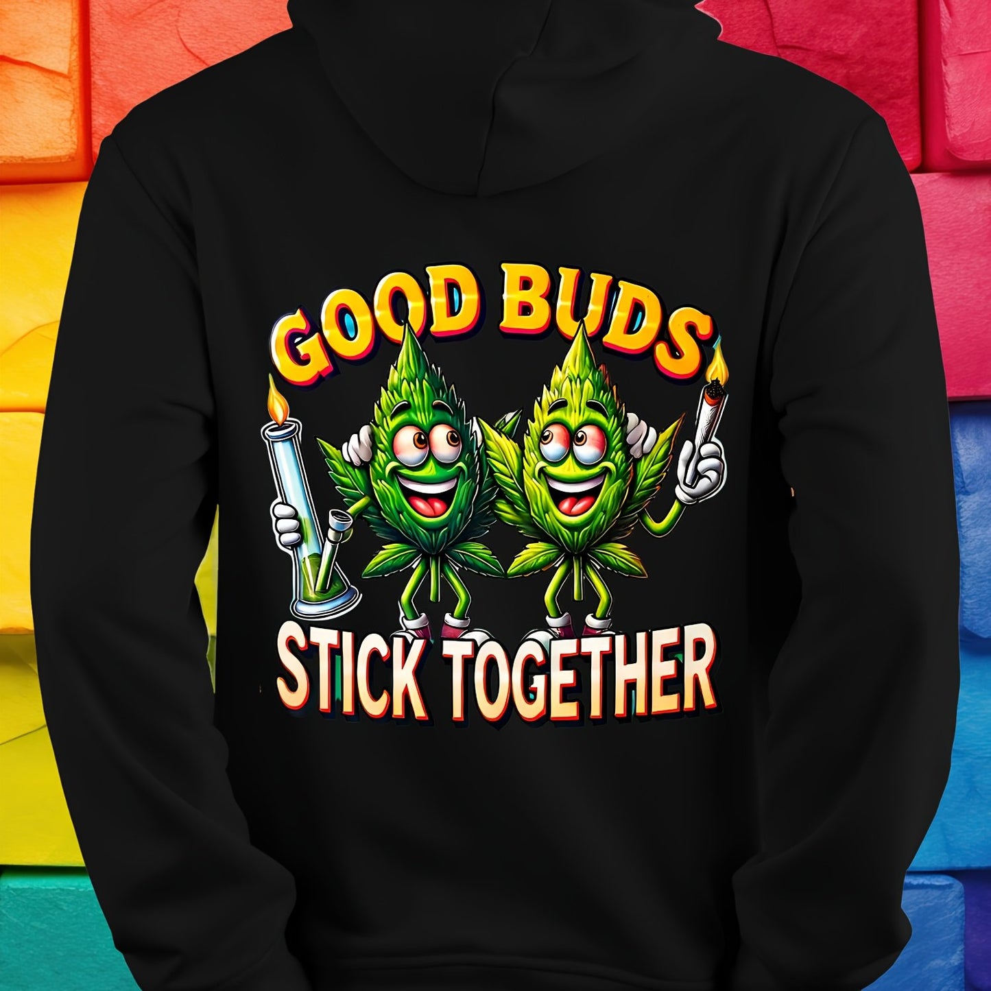 Print in USA Long Sleeve Hooded Sweatshirt, Good Buds Stick Together Trendy Hoodie, Cool Pullover Kangaroo Pocket Without Drawstring for Men and Teens, Best Gifts for Family with Fast Delivery