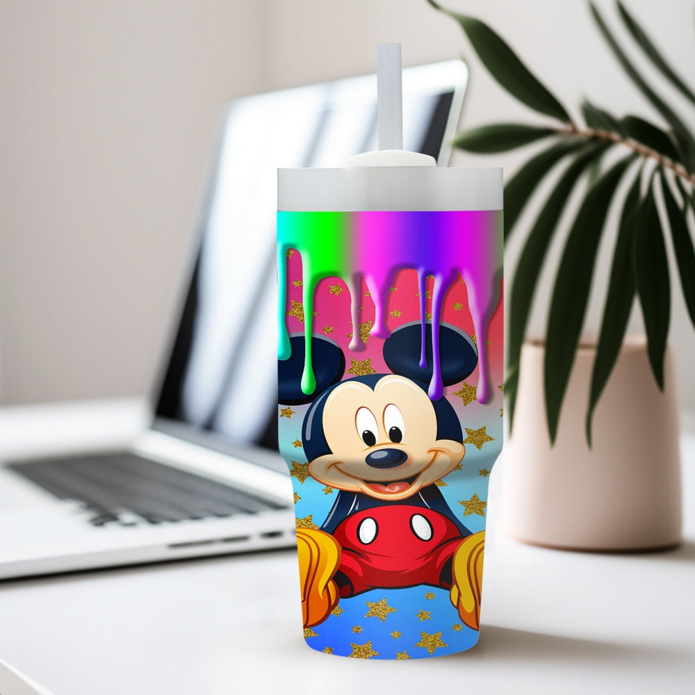 Disney Mickey Mouse & Stars 14oz Stainless Steel Tumbler with Straw, Insulated Travel Mug for Car & Home Use, Hand Wash Only, BPA-Free, Round Shape, Ideal Ramadan Gift for Family and Friends