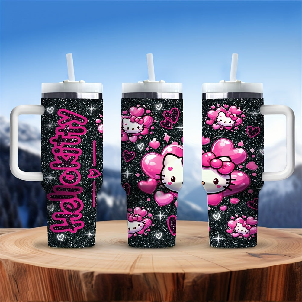 Hello Kitty 40oz Stainless Steel Insulated Water Bottle with Straw and Handle, BPA-Free, Round Shape, Hand Wash Only, Ideal for Coffee, Milk, Beer, and Beverages, Perfect Christmas Gift for Family and Friends