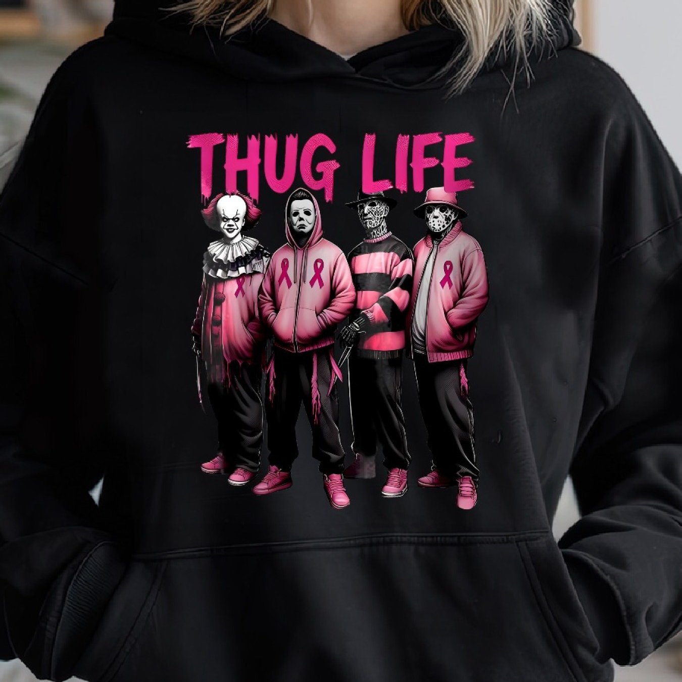 Thug Life Horror Movie Breast Cancer Awareness, Thug Life Cancer Warrior Gang Cozy Classic Print Pullover Hoodie, Casual Long Sleeve Hoodie For Sprots