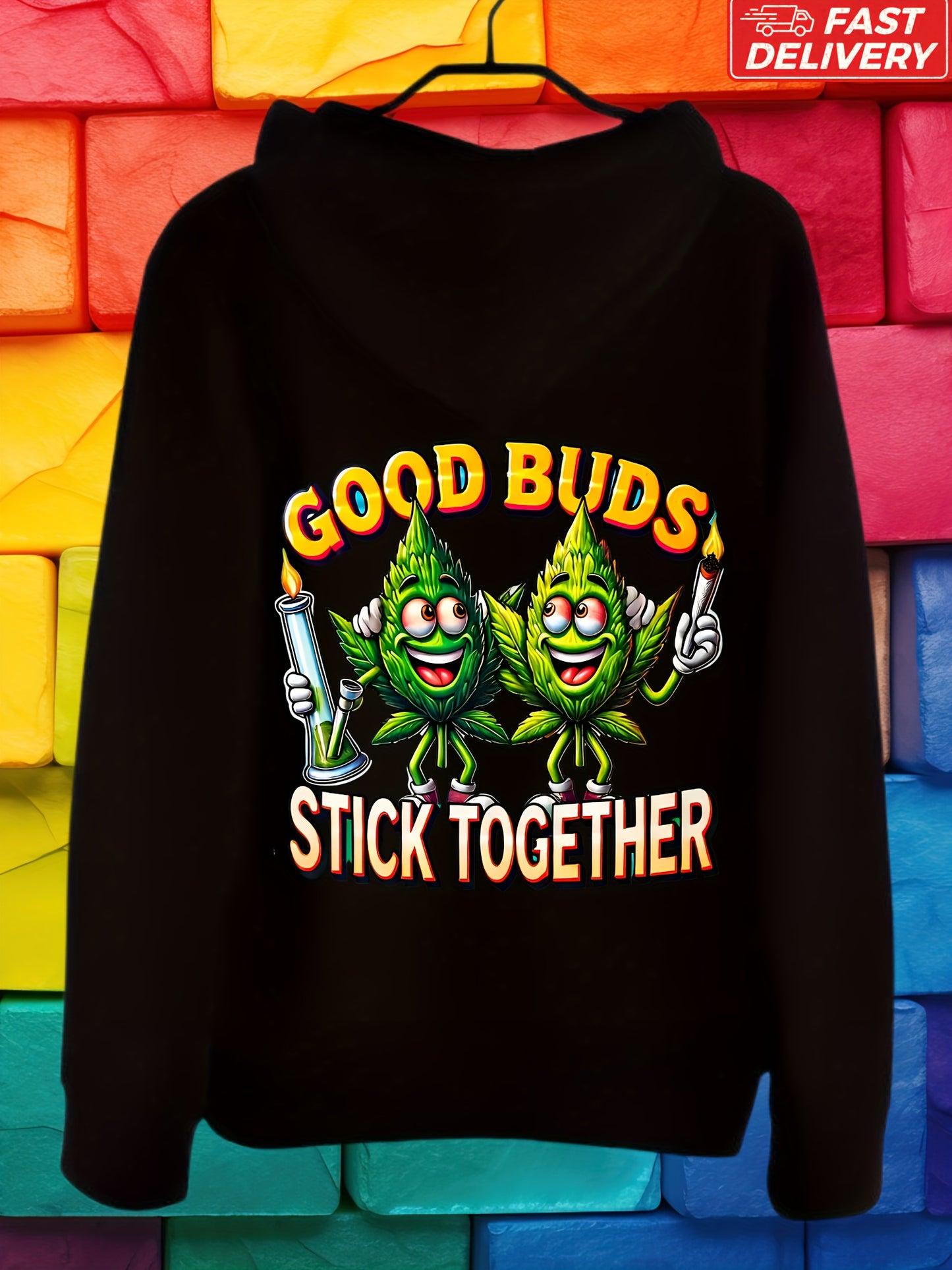 Print in USA Long Sleeve Hooded Sweatshirt, Good Buds Stick Together Trendy Hoodie, Cool Pullover Kangaroo Pocket Without Drawstring for Men and Teens, Best Gifts for Family with Fast Delivery