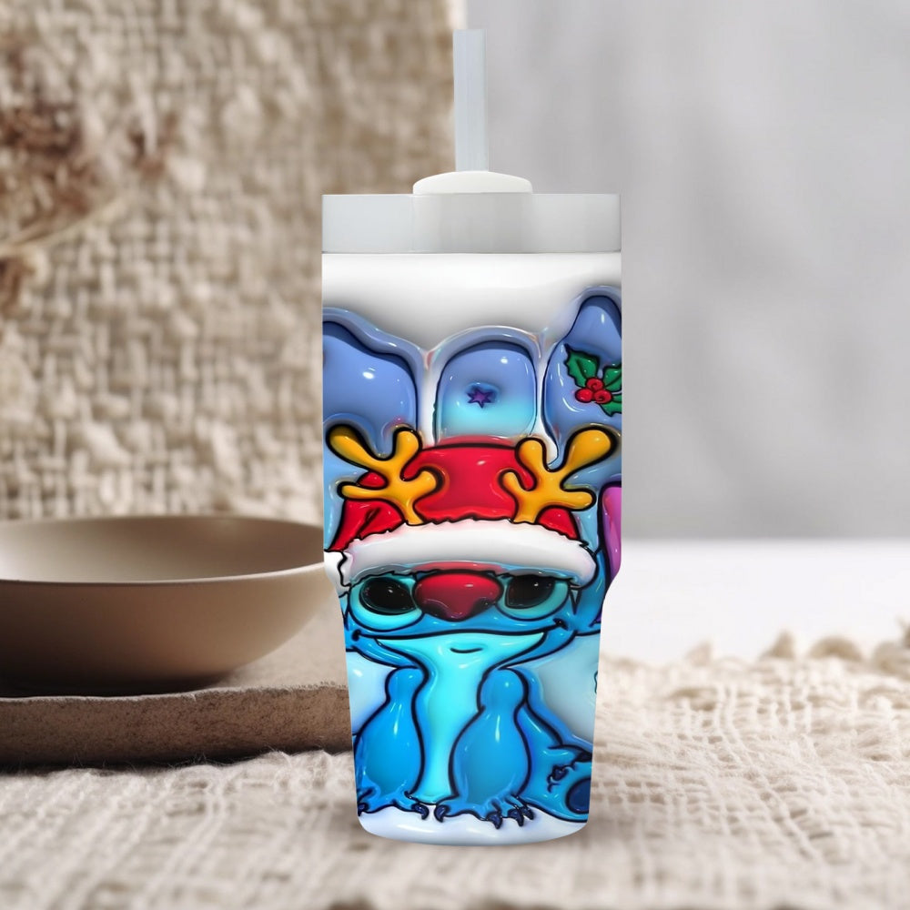 1pc Disney Stitch Christmas Reindeer Cartoon Character 14oz Stainless Steel Insulated Tumbler with Straw, Hand Wash Only, BPA Free, Round Holiday Themed Travel Mug for Home & Car Use, Ideal Ramadan Gift