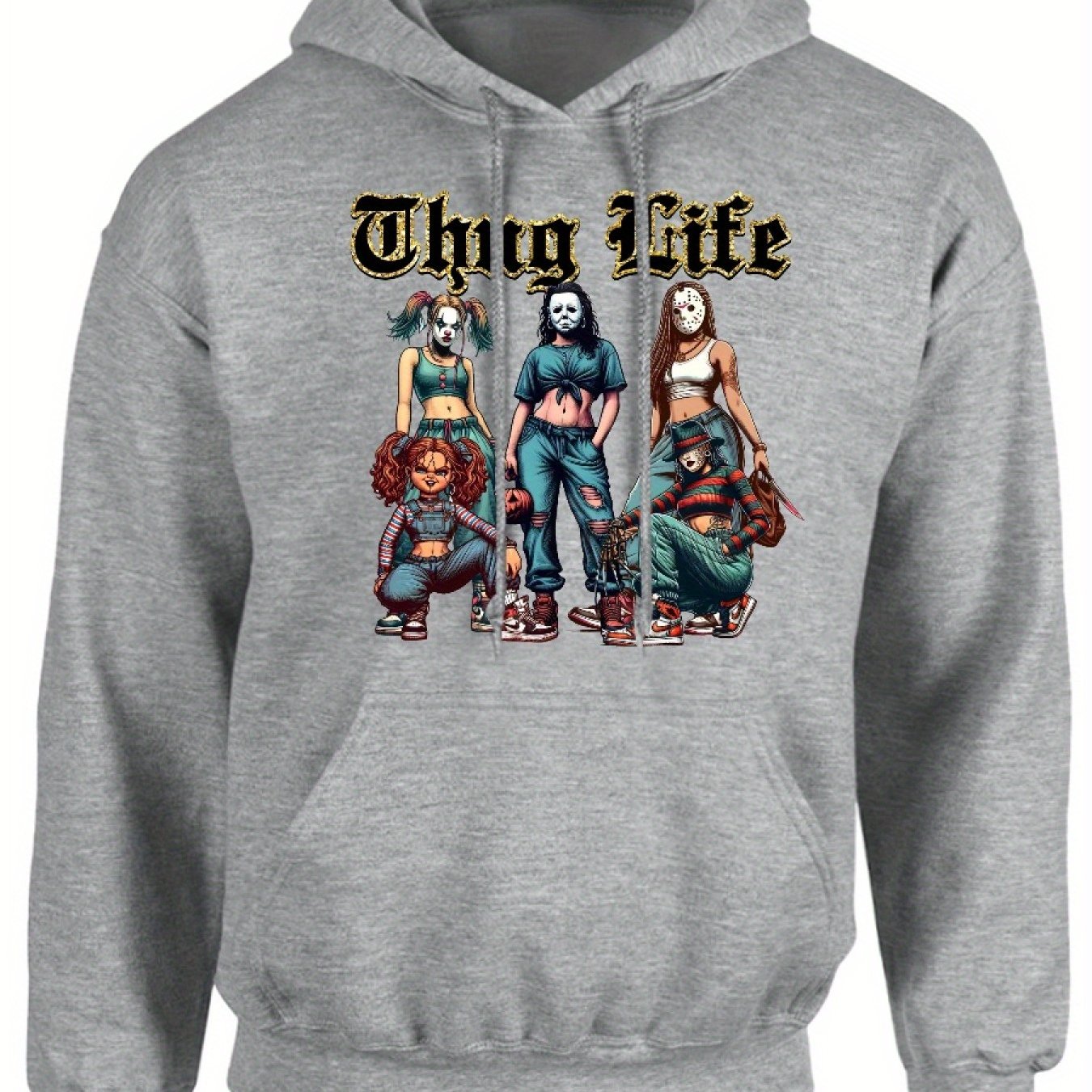 Thug Life Of Horror Girl T, Street Style Design Cozy Classic Print Pullover Hoodie, Casual Long Sleeve Crew Neck Hoodie