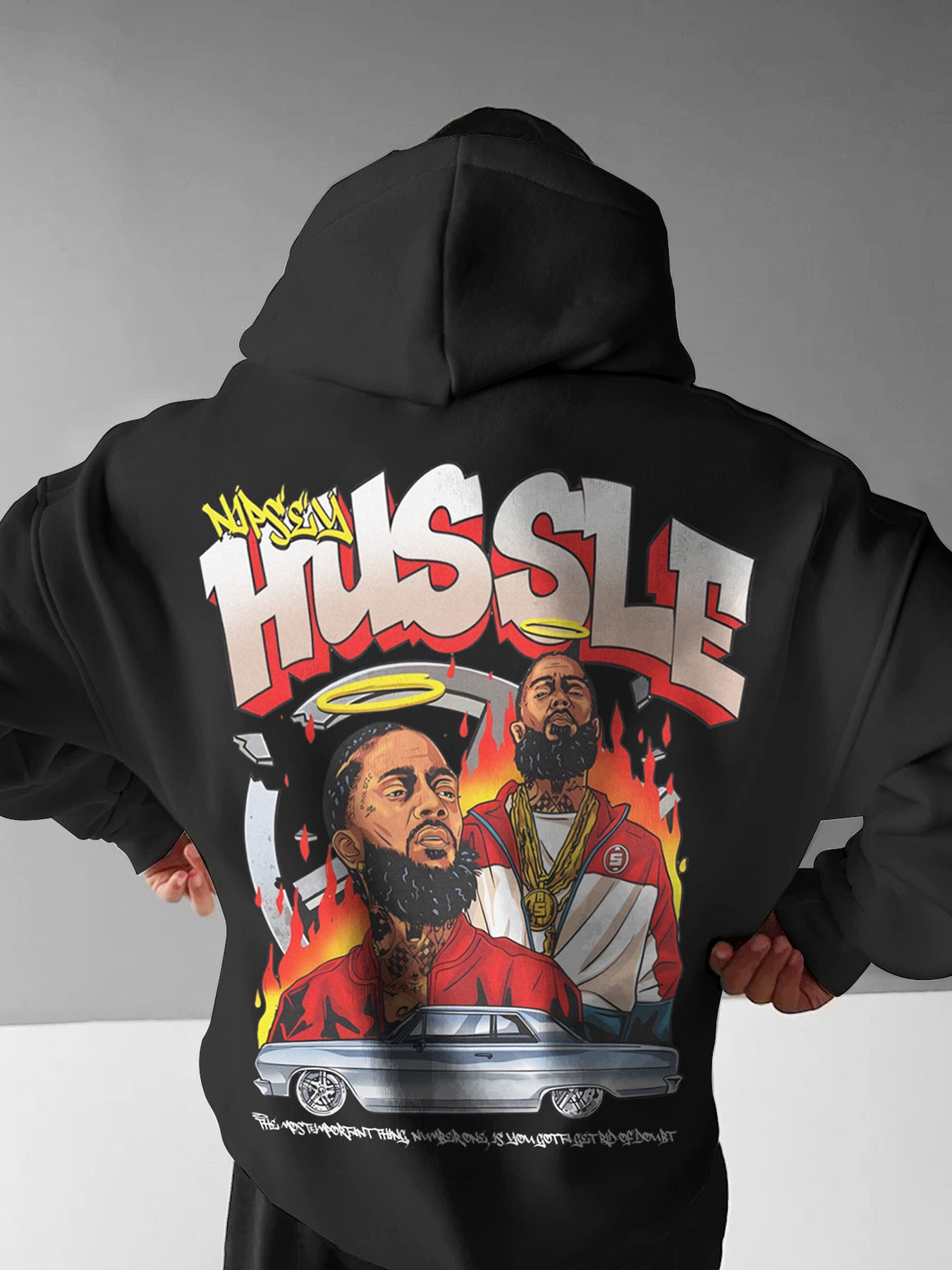 1pc Hussle BLK Graphic Hoodie for Men and Women - Cotton Blend Street Style Pullover with Drawstring, Long Sleeve, Kangaroo Pocket - Digital Heat Transfer Portrait Design, Regular Fit Hooded Sweatshirt for Casual Daily Wear