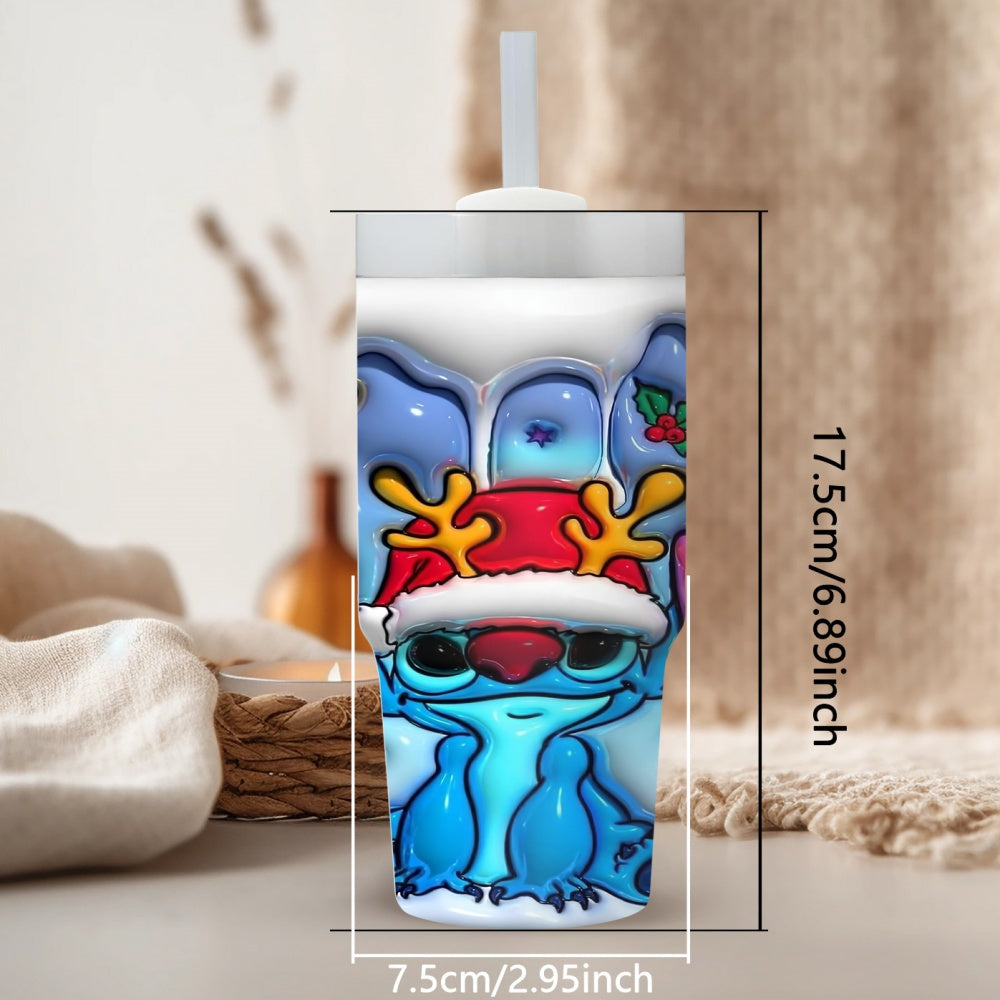 1pc Disney Stitch Christmas Reindeer Cartoon Character 14oz Stainless Steel Insulated Tumbler with Straw, Hand Wash Only, BPA Free, Round Holiday Themed Travel Mug for Home & Car Use, Ideal Ramadan Gift