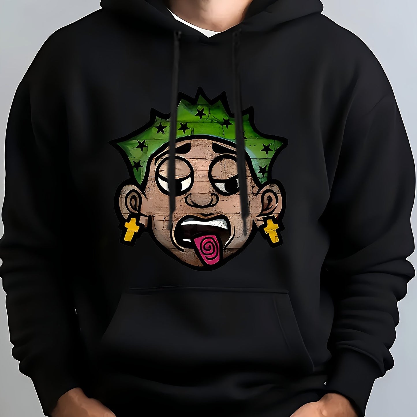Men's Hip Hop Graphic Hoodie - Cozy Fleece-Lined Pullover with Kangaroo Pocket, Casual Streetwear for Fall & Winter, Black