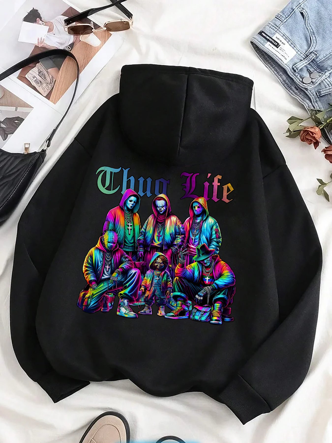 1pc Thug Life Graphic Hoodie for Men - Casual Polyester Pullover with Digital Print, Long Sleeve, Hooded, Regular Fit, All Seasons Comfort Hoodie