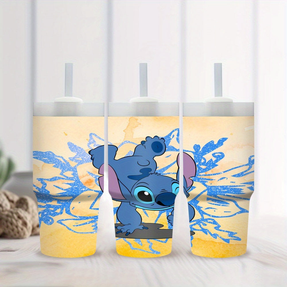Disney Stitch Cartoon Character Round Stainless Steel Tumbler with Straw, 14oz Insulated Travel Mug, BPS Free, Hand Wash Only, Ideal for Car, Home, Daily Use, Gift for Family and Friends - Ramadan Celebration