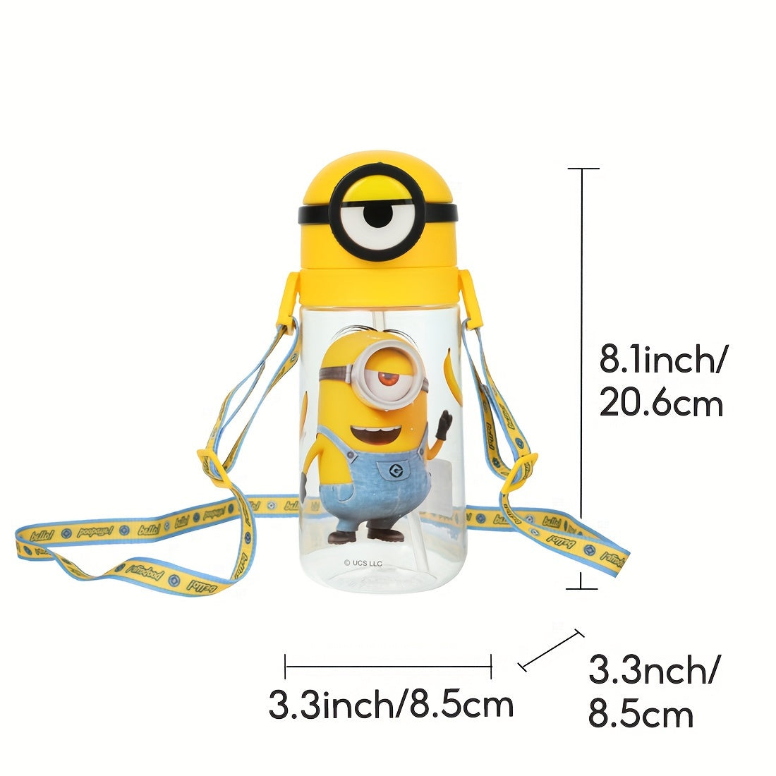 1pc MINIONS Licensed Plastic Water Bottle with Straw and Adjustable Shoulder Strap, Portable Cartoon Character Drink Flask for Parties and Outdoors, 600mL Capacity