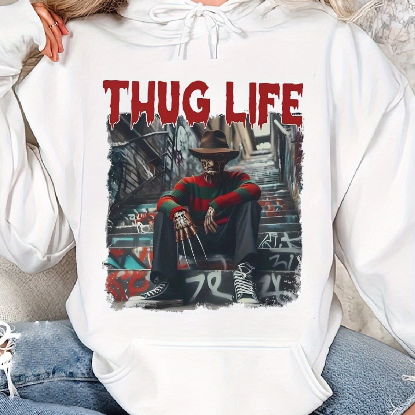 Fred..dy Krug..er Thug Life, Thug Life Halloween, Nightmare on E..lm Street Cozy Classic Print Pullover Hoodie, Casual Long Sleeve Hoodie For Sprots