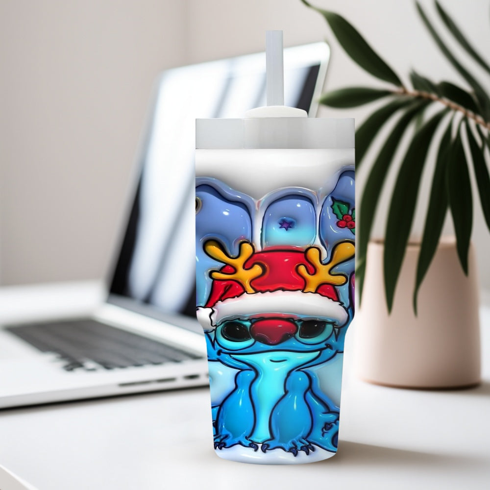 1pc Disney Stitch Christmas Reindeer Cartoon Character 14oz Stainless Steel Insulated Tumbler with Straw, Hand Wash Only, BPA Free, Round Holiday Themed Travel Mug for Home & Car Use, Ideal Ramadan Gift