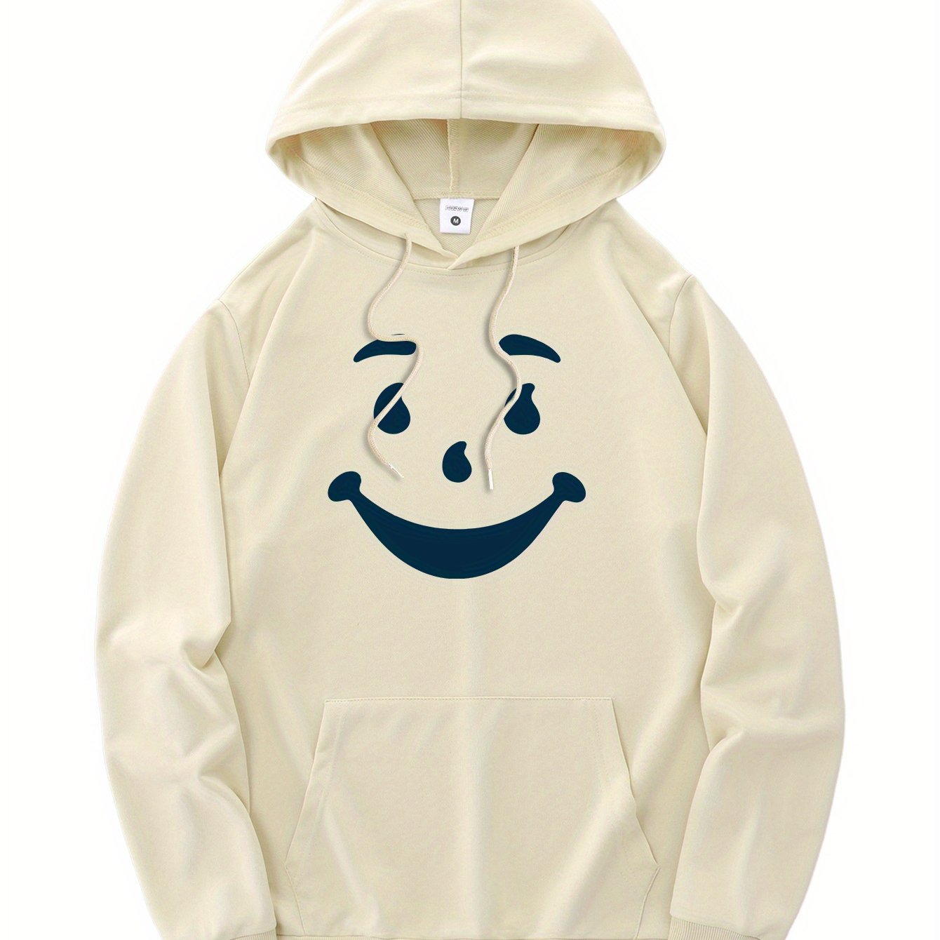 New and trendy thin Men's hooded sweatshirt, casual daily drawstring hooded sweatshirt with personality joyful face pattern, kangaroo pocket, Men's top
