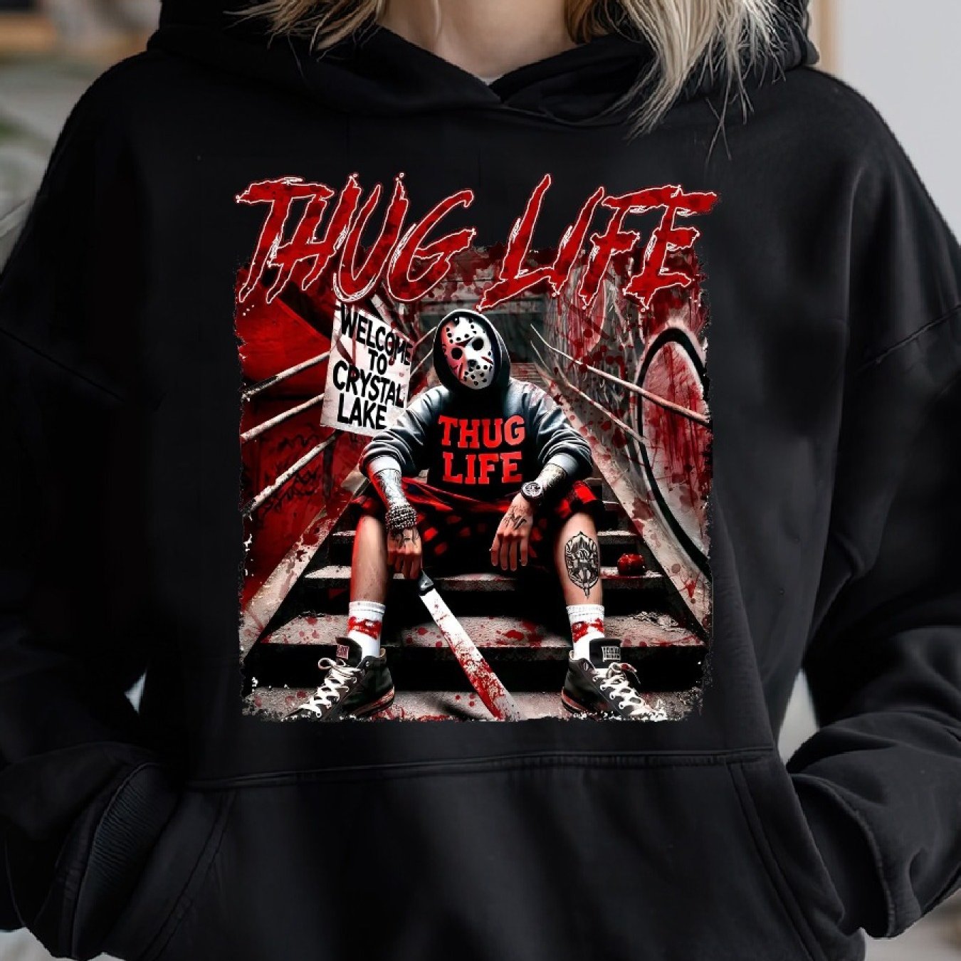 Thug Life Horrors Hip Hop, Thug Life Hallowee Cozy Classic Print Pullover Hoodie, Casual Long Sleeve Hoodie For Sprots