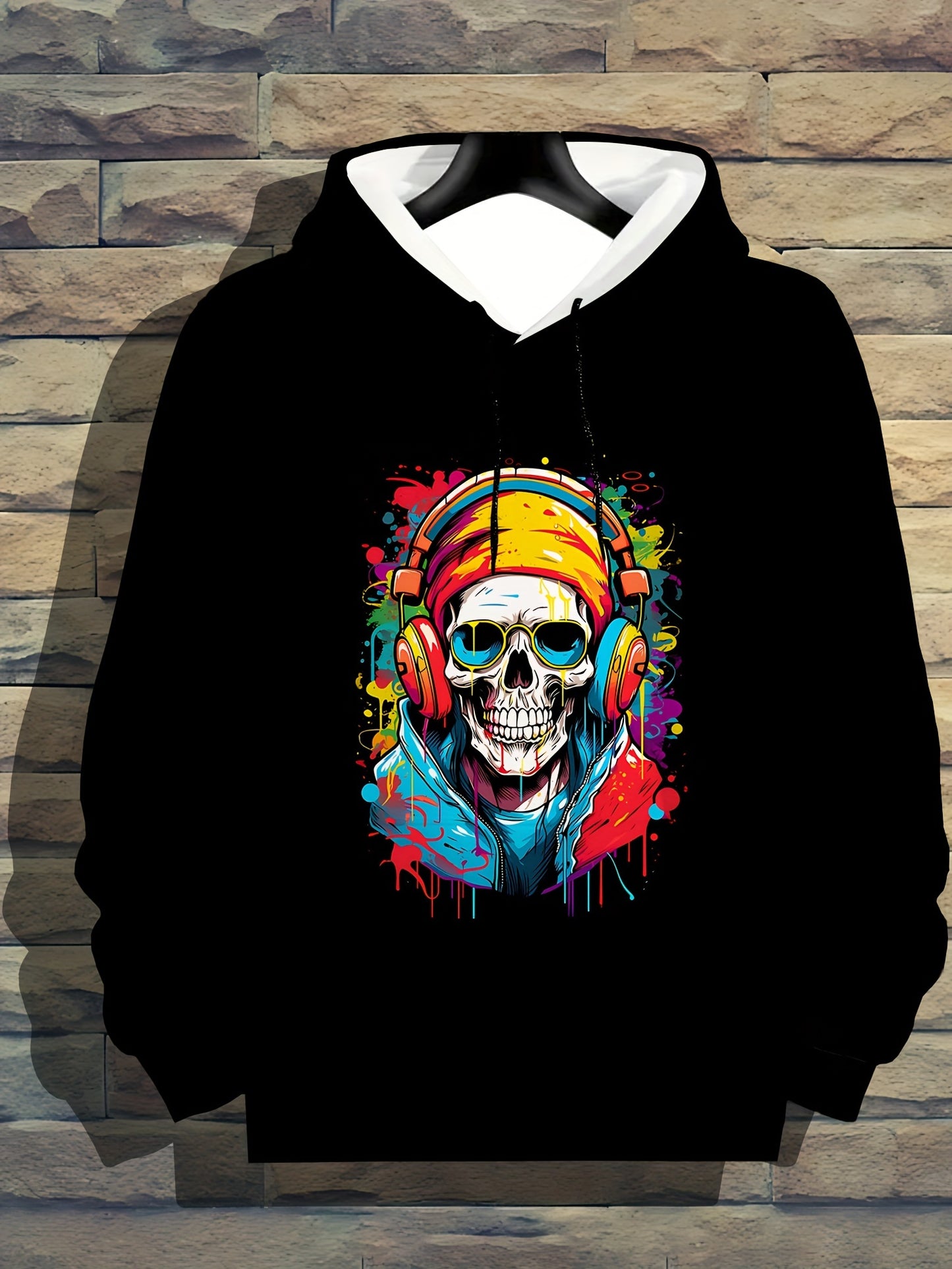 Men'S Rock Skull Print Hoodie with Kangaroo Pocket, Casual Spring/Fall Polyester Sweatshirt, Long Sleeve, Knit Fabric, Unisex-Fit for Outdoor Leisure Wear