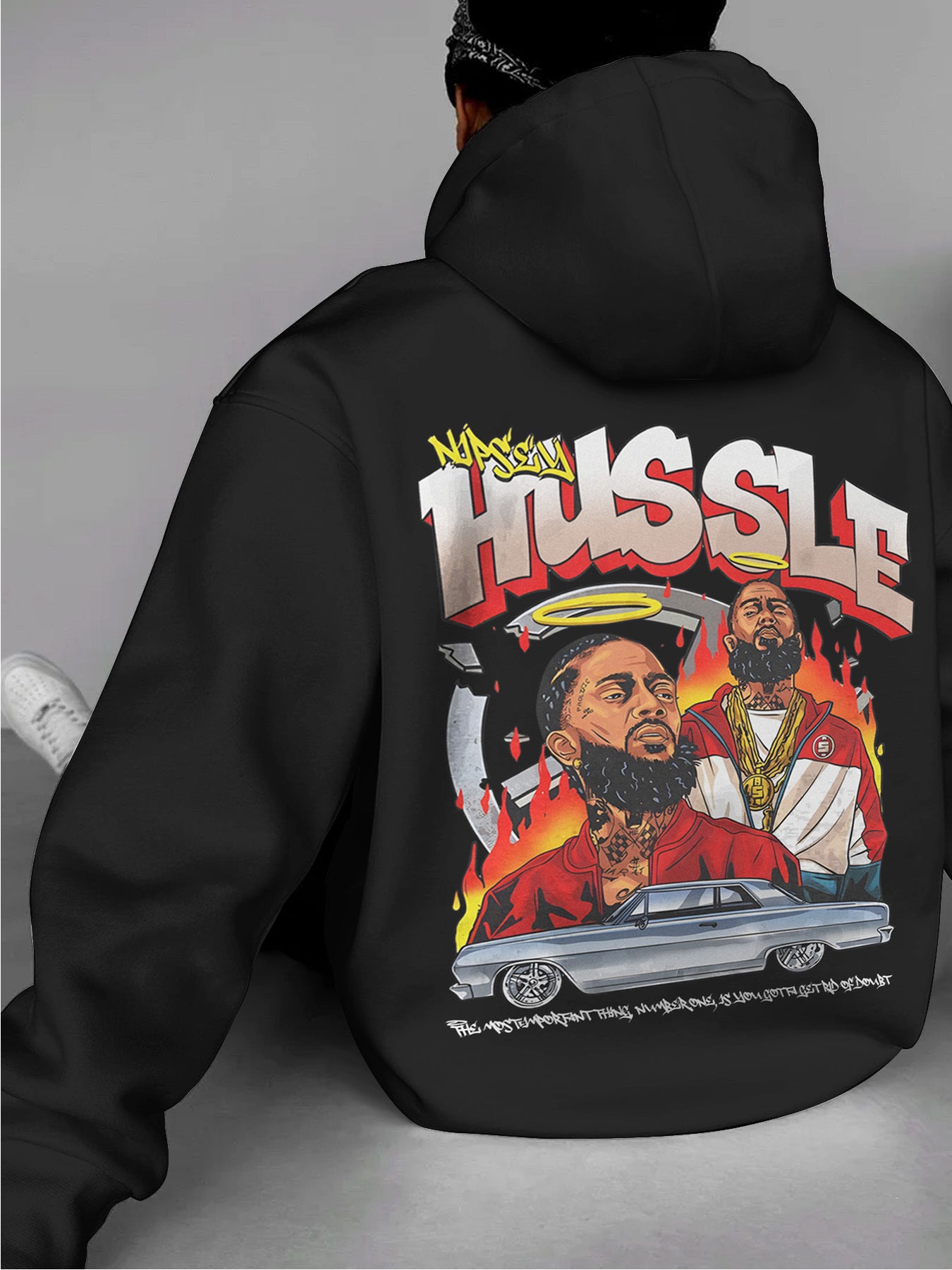 1pc Hussle BLK Graphic Hoodie for Men and Women - Cotton Blend Street Style Pullover with Drawstring, Long Sleeve, Kangaroo Pocket - Digital Heat Transfer Portrait Design, Regular Fit Hooded Sweatshirt for Casual Daily Wear