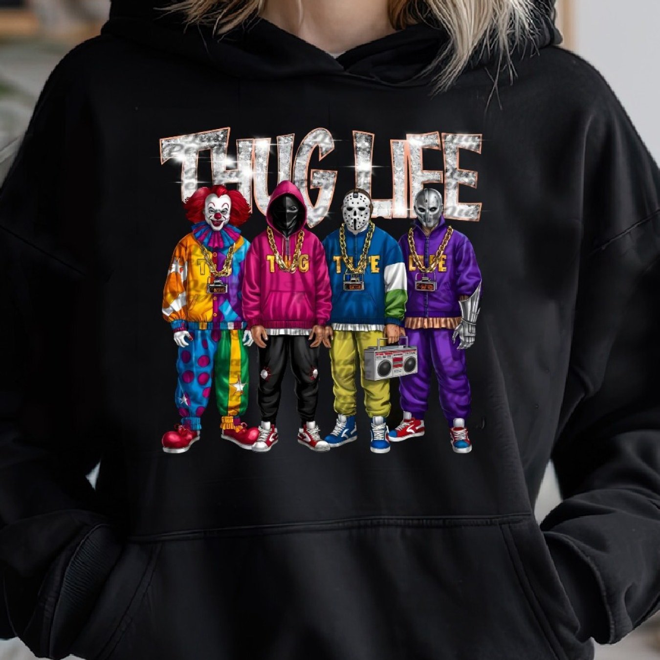 Thug Life Horrors Hip Hop, Thug Life Halloween Cozy Classic Print Pullover Hoodie, Casual Long Sleeve Hoodie For Sprots
