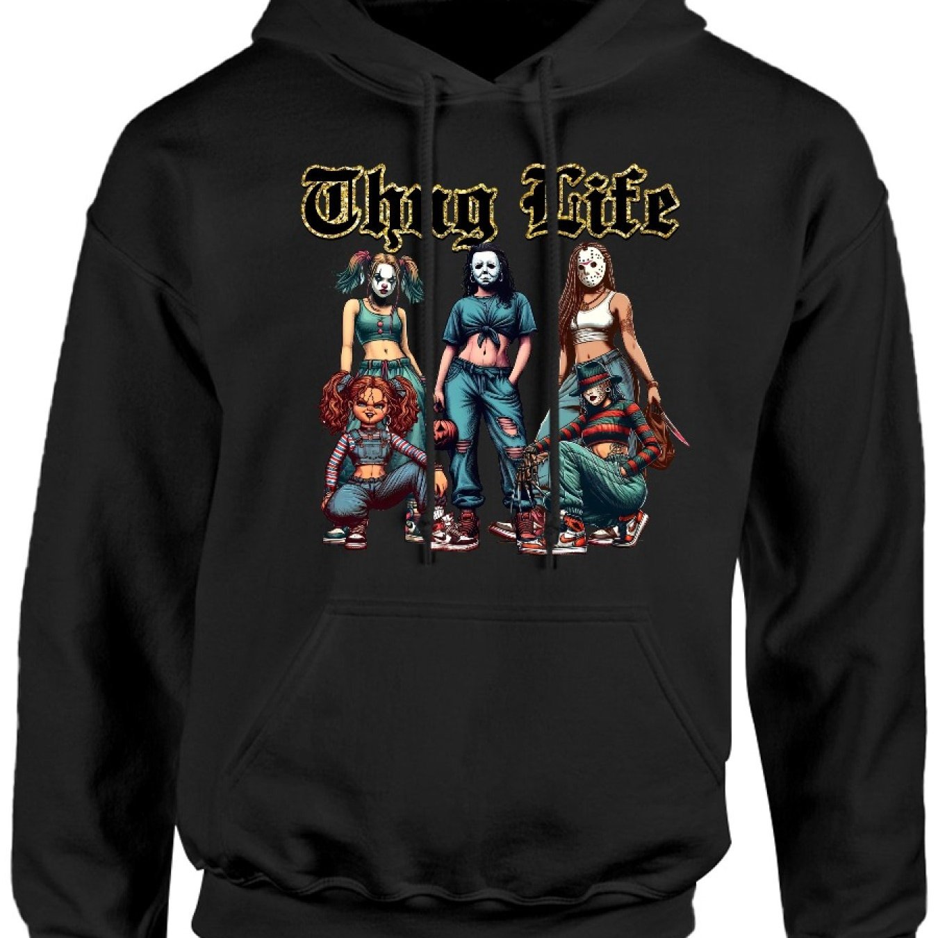 Thug Life Of Horror Girl T, Street Style Design Cozy Classic Print Pullover Hoodie, Casual Long Sleeve Crew Neck Hoodie