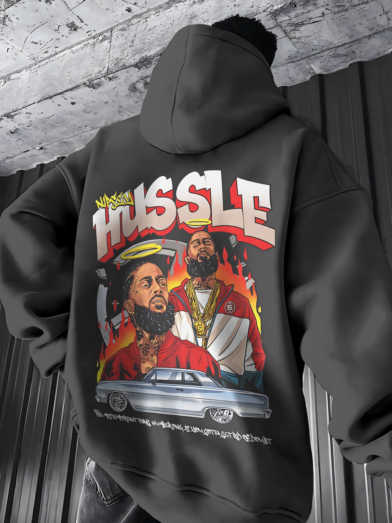 1pc Hussle BLK Graphic Hoodie for Men and Women - Cotton Blend Street Style Pullover with Drawstring, Long Sleeve, Kangaroo Pocket - Digital Heat Transfer Portrait Design, Regular Fit Hooded Sweatshirt for Casual Daily Wear