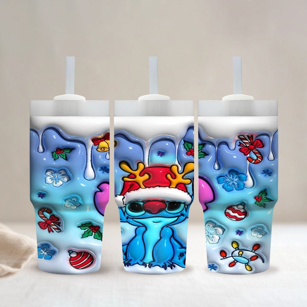 1pc Disney Stitch Christmas Reindeer Cartoon Character 14oz Stainless Steel Insulated Tumbler with Straw, Hand Wash Only, BPA Free, Round Holiday Themed Travel Mug for Home & Car Use, Ideal Ramadan Gift