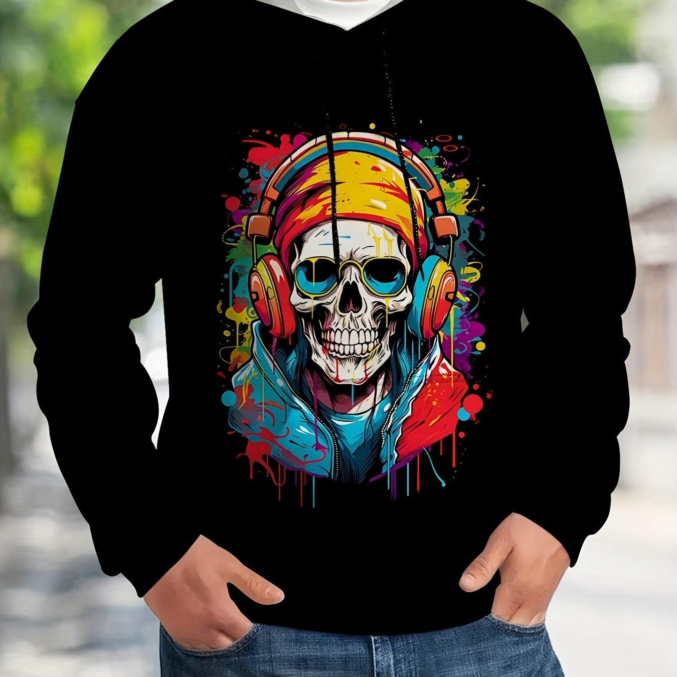 Men'S Rock Skull Print Hoodie with Kangaroo Pocket, Casual Spring/Fall Polyester Sweatshirt, Long Sleeve, Knit Fabric, Unisex-Fit for Outdoor Leisure Wear