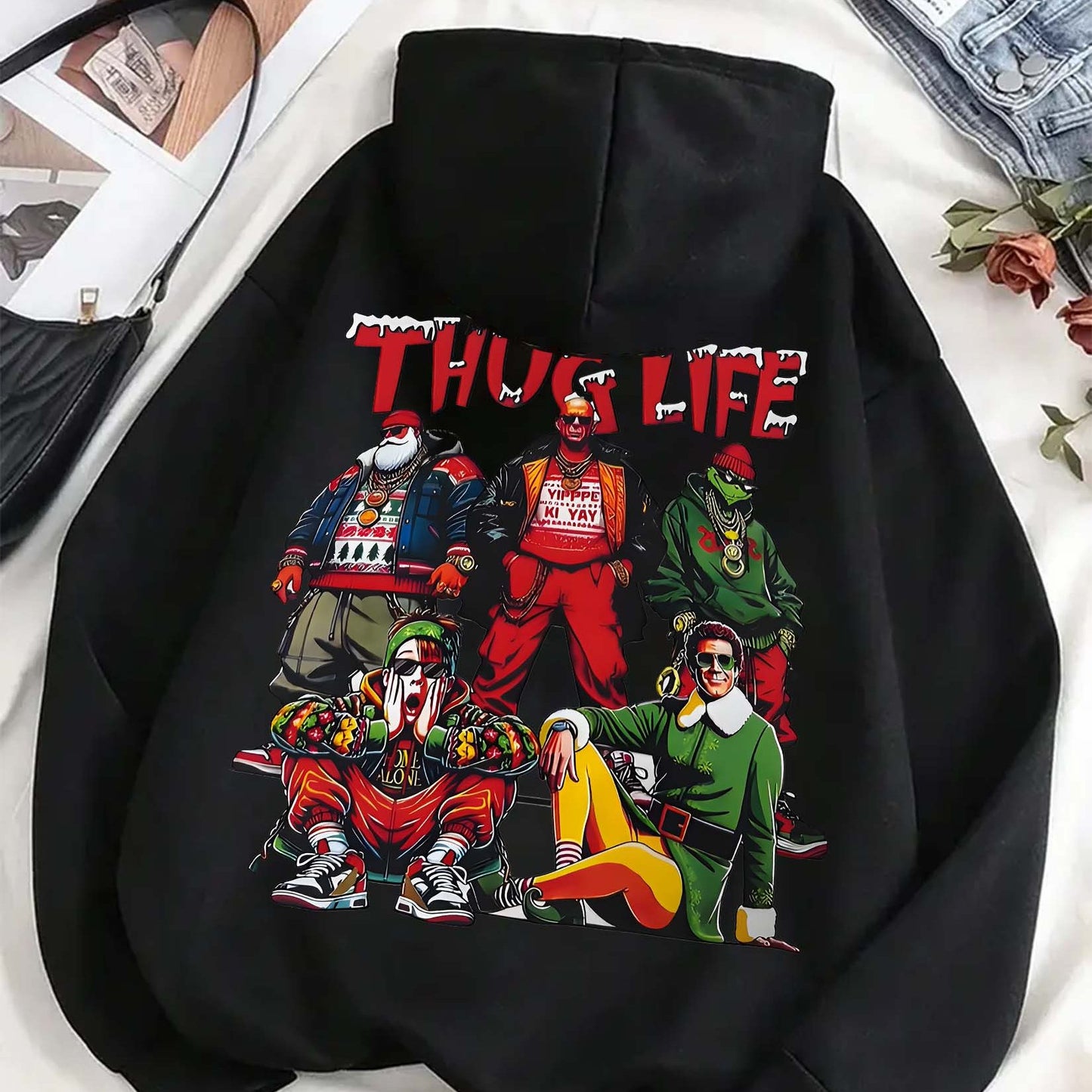 Men'S Casual Hooded Sweatshirt with Thug Life Graphic Print, Polyester Knit Fabric, Regular Fit, with Drawstring Hood, Slight Stretch, Alphabet Pattern for Fall/Winter