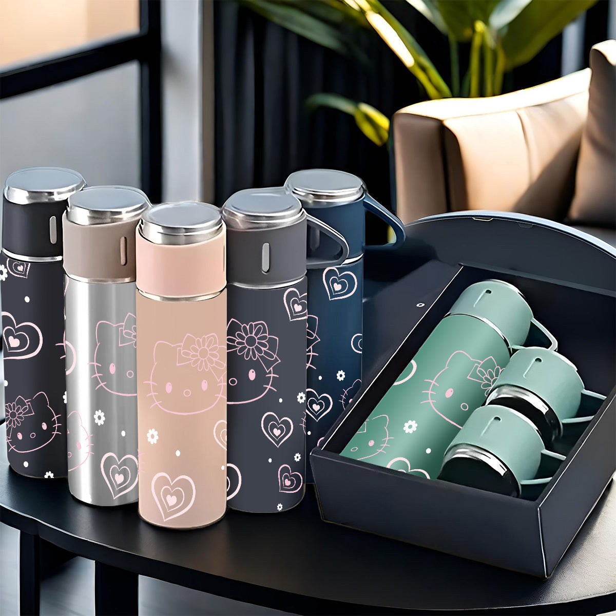1pc Sanrio Hello Kitty Insulated Water Bottle and Cup Set, 304 Stainless Steel, Non-Skid, Heat Resistant, Washable, Ideal for Office, Camping, Indoor Use - Pink, Grey, Blue