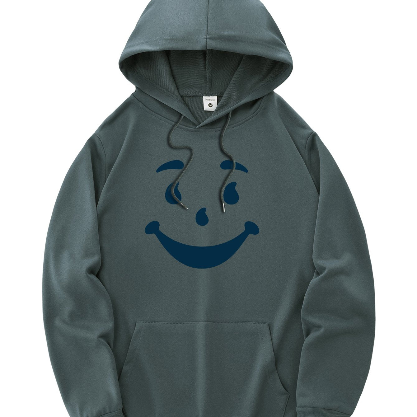 New and trendy thin Men's hooded sweatshirt, casual daily drawstring hooded sweatshirt with personality joyful face pattern, kangaroo pocket, Men's top