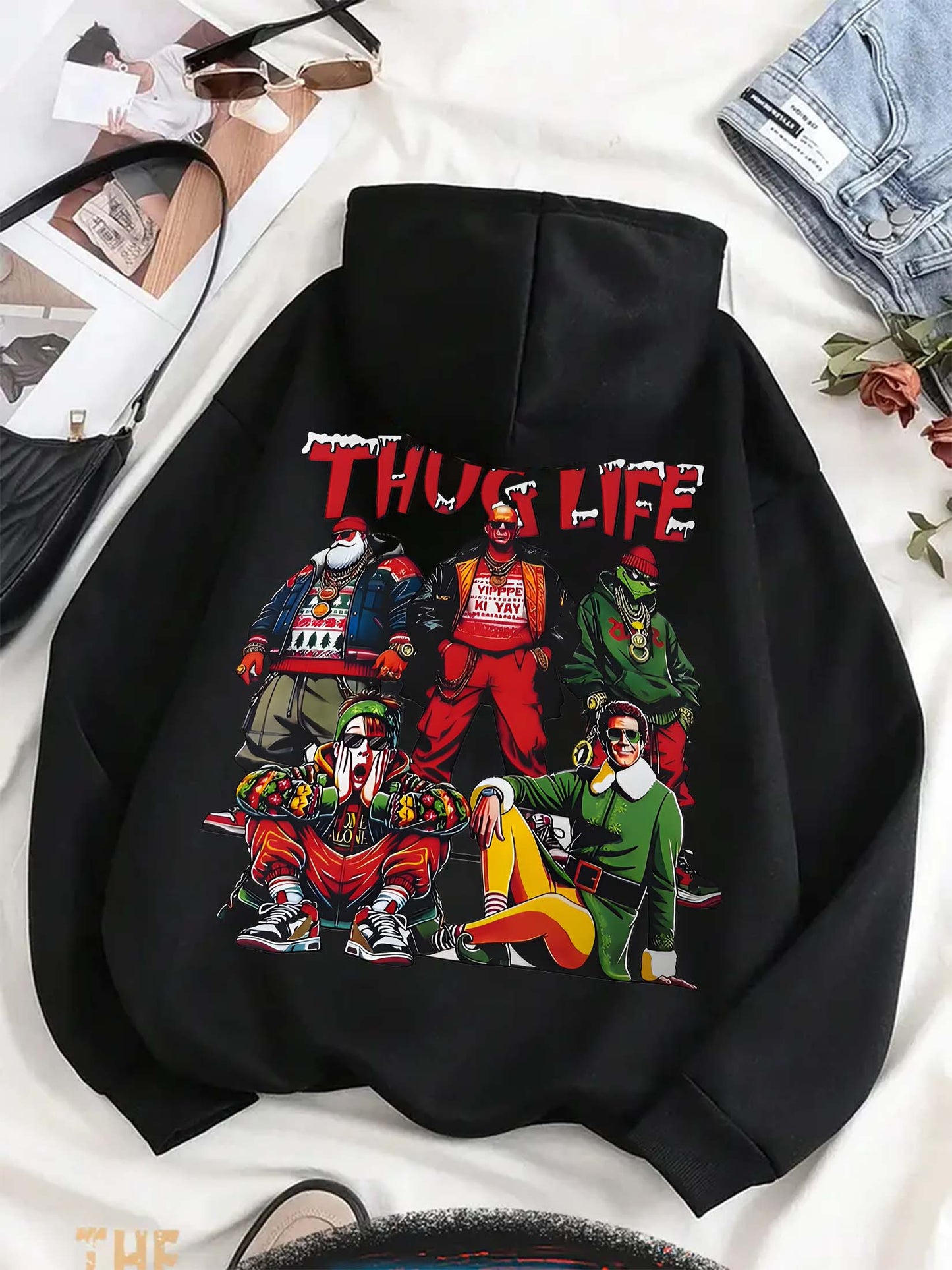 Men'S Casual Hooded Sweatshirt with Thug Life Graphic Print, Polyester Knit Fabric, Regular Fit, with Drawstring Hood, Slight Stretch, Alphabet Pattern for Fall/Winter