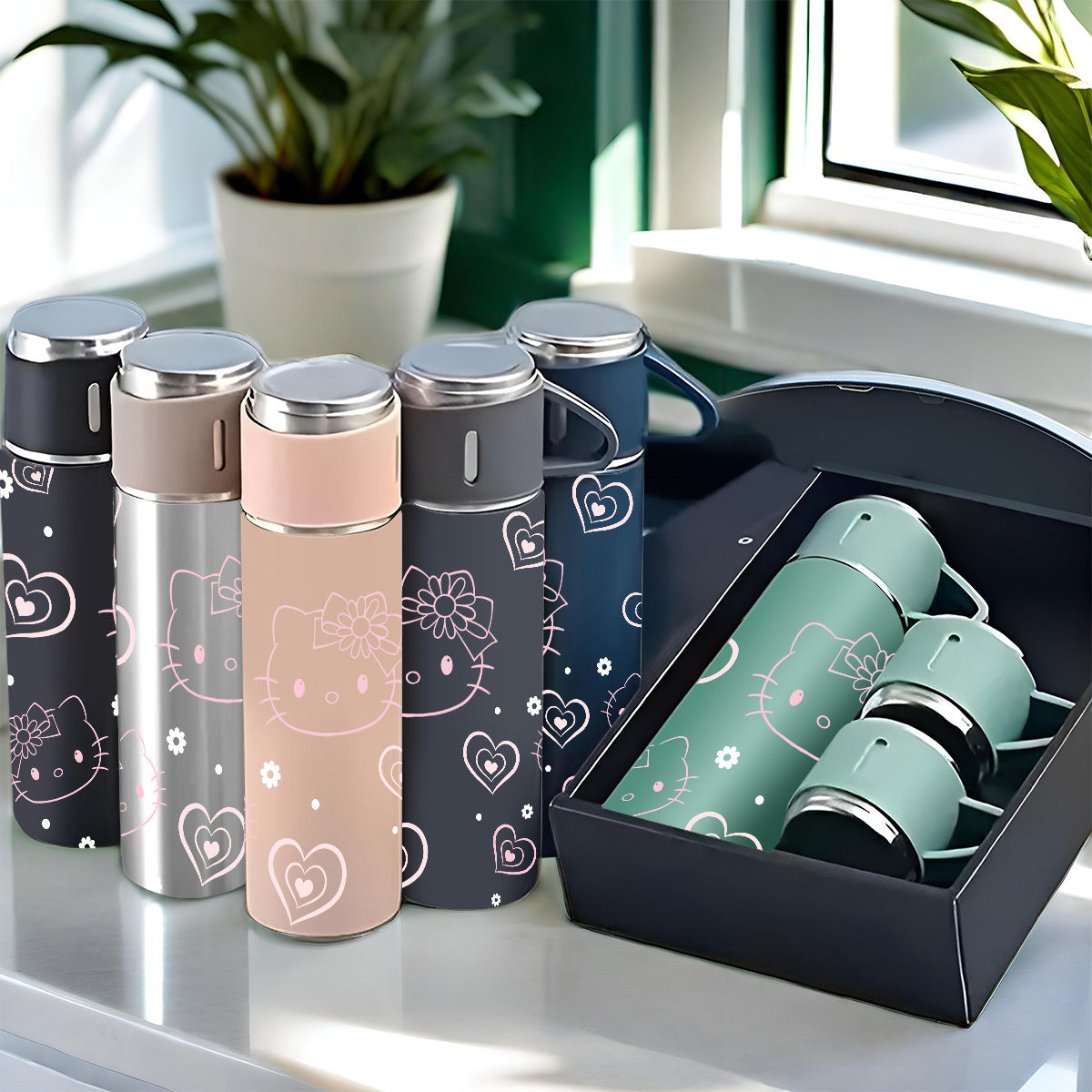 1pc Sanrio Hello Kitty Insulated Water Bottle and Cup Set, 304 Stainless Steel, Non-Skid, Heat Resistant, Washable, Ideal for Office, Camping, Indoor Use - Pink, Grey, Blue