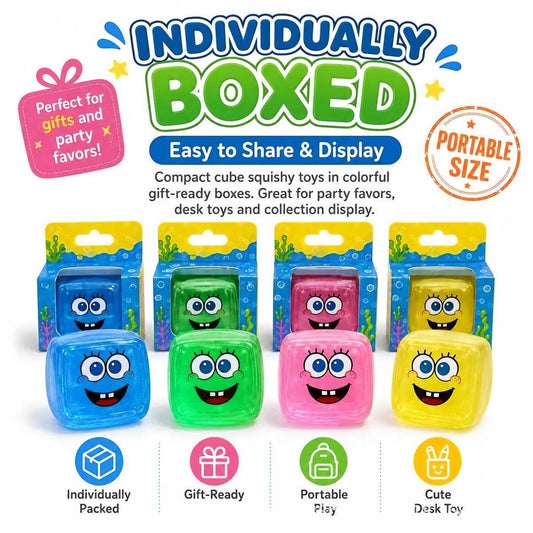 Individually Boxed Cube Squishy Toys – 4-Pack Assorted Colors