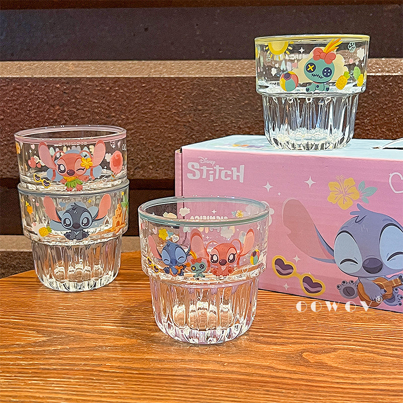 🌺💙 Disney Stitch & Angel Glass Cup Set – 4pc Collector’s Edition
