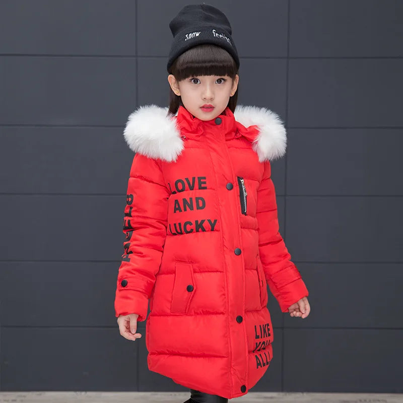 RAISE 2024 Russia Winter 4-13Y Girls Parkas Faux Fur Collar Baby Girl Long Cotton-padded Jacket Letter Junior Girl Snowwear Coat