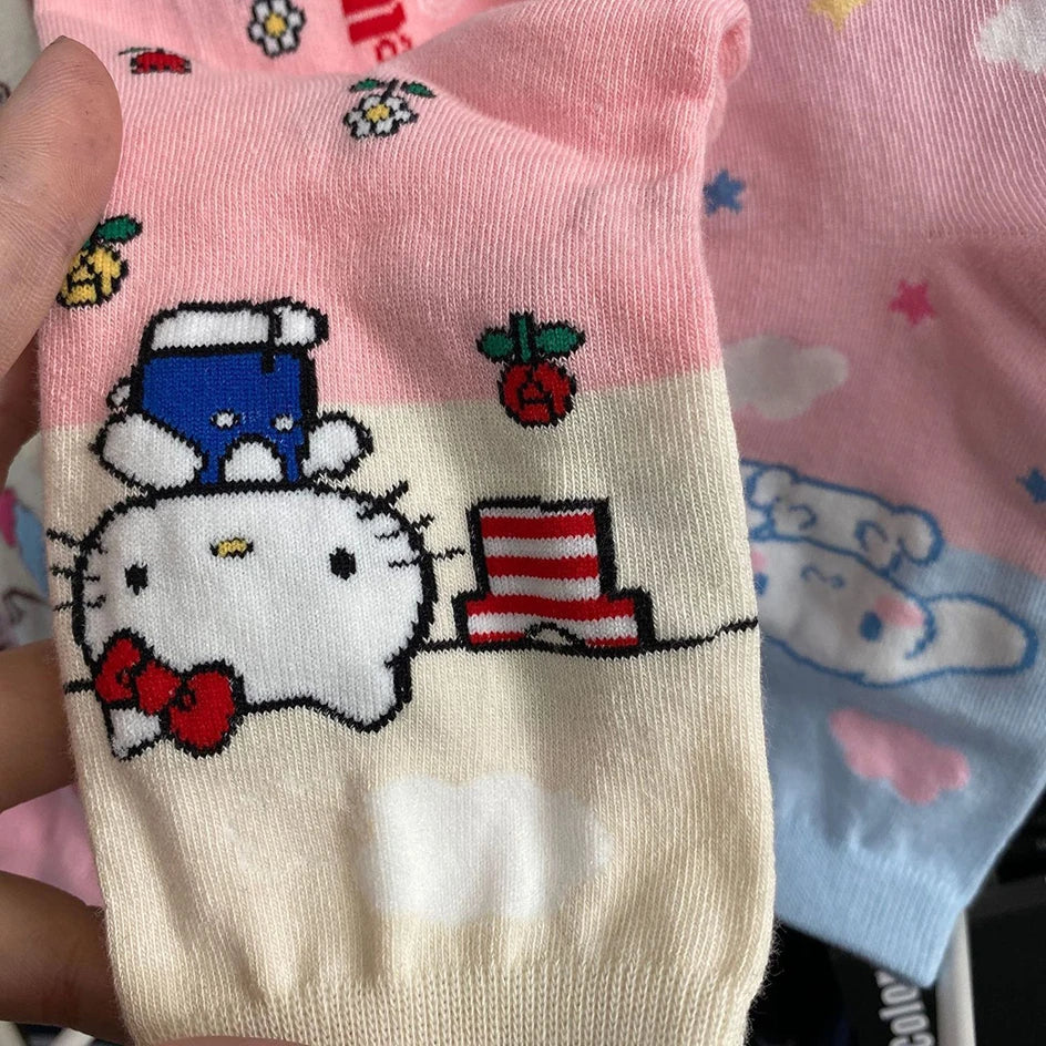 HELLO KITTY Socks -i Hello Kitty- Kuromi- Cinnamoroll Cartoon Kawaii Student Stockings Cute Girls Cotton Home Warm Socks