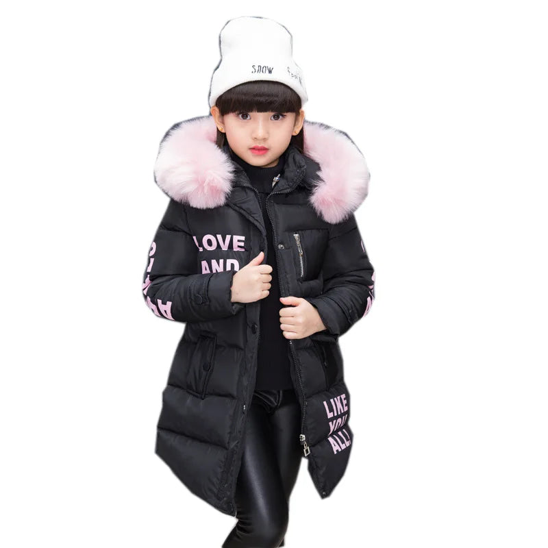 RAISE 2024 Russia Winter 4-13Y Girls Parkas Faux Fur Collar Baby Girl Long Cotton-padded Jacket Letter Junior Girl Snowwear Coat
