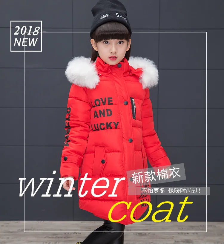 RAISE 2024 Russia Winter 4-13Y Girls Parkas Faux Fur Collar Baby Girl Long Cotton-padded Jacket Letter Junior Girl Snowwear Coat
