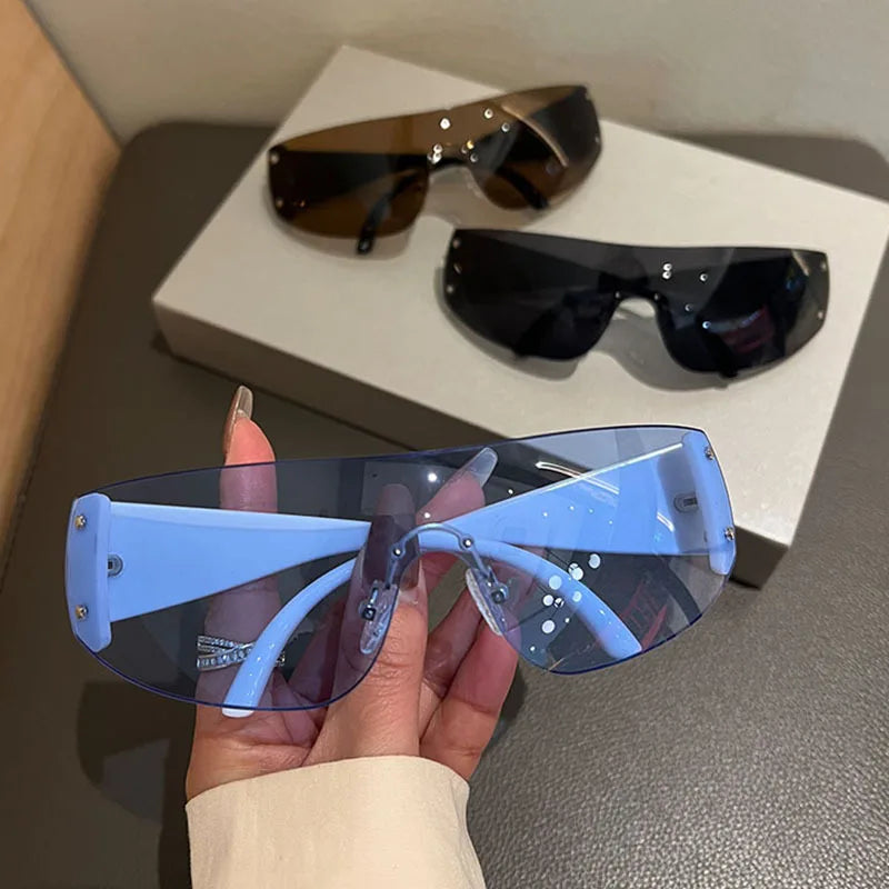 Rimless Brand Designer Sunglasses Women For Men 2023 One Piece Trending Luxury Sun Glasses Rivet Steampunk Pink Shades UV400