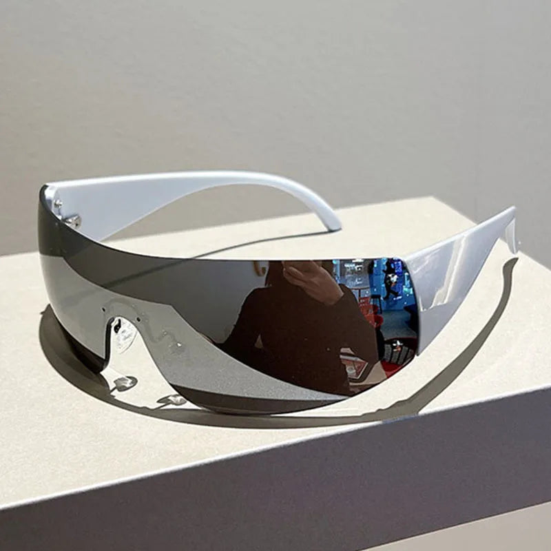 Rimless Brand Designer Sunglasses Women For Men 2023 One Piece Trending Luxury Sun Glasses Rivet Steampunk Pink Shades UV400