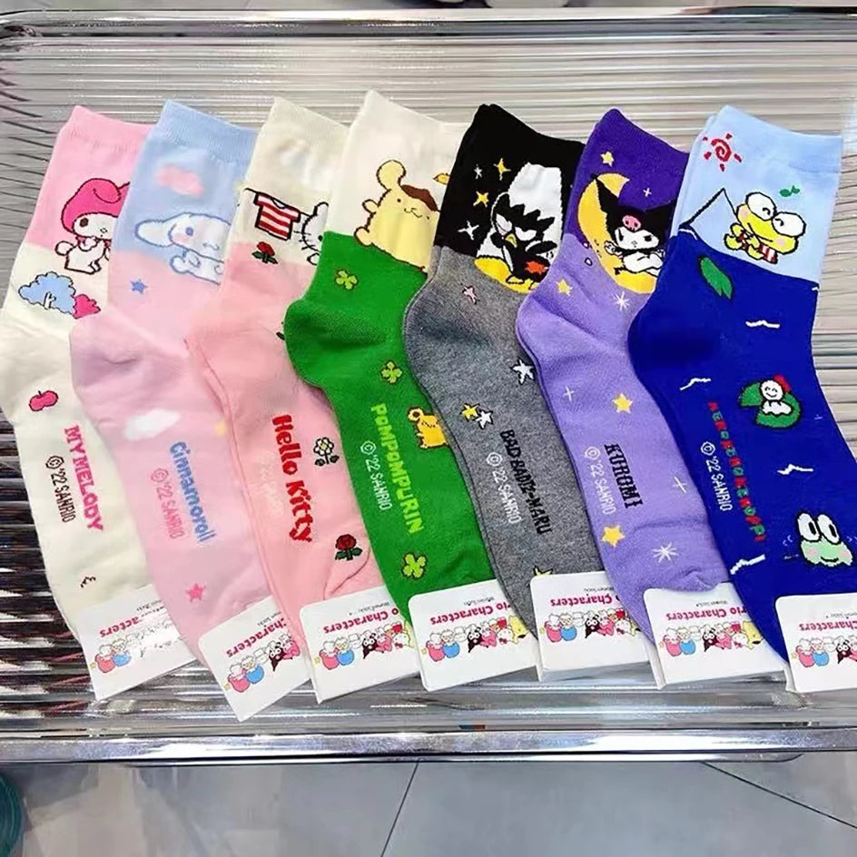 HELLO KITTY Socks -i Hello Kitty- Kuromi- Cinnamoroll Cartoon Kawaii Student Stockings Cute Girls Cotton Home Warm Socks